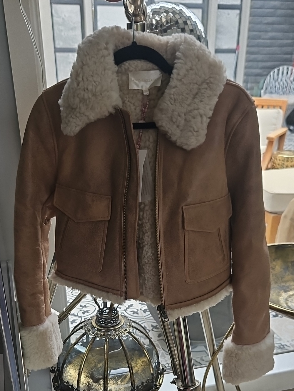 LoveShackFancy Tan Faux-Suede Teddy Jacket with Cream Shearling
